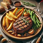 Bife à Portuguesa, Portugiesisches Rindfleischgericht, Traditionelles portugiesisches Rezept, Steak mit Bratkartoffeln