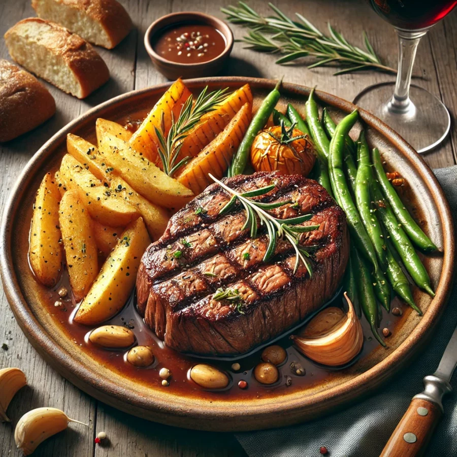 Bife à Portuguesa, Portugiesisches Rindfleischgericht, Traditionelles portugiesisches Rezept, Steak mit Bratkartoffeln